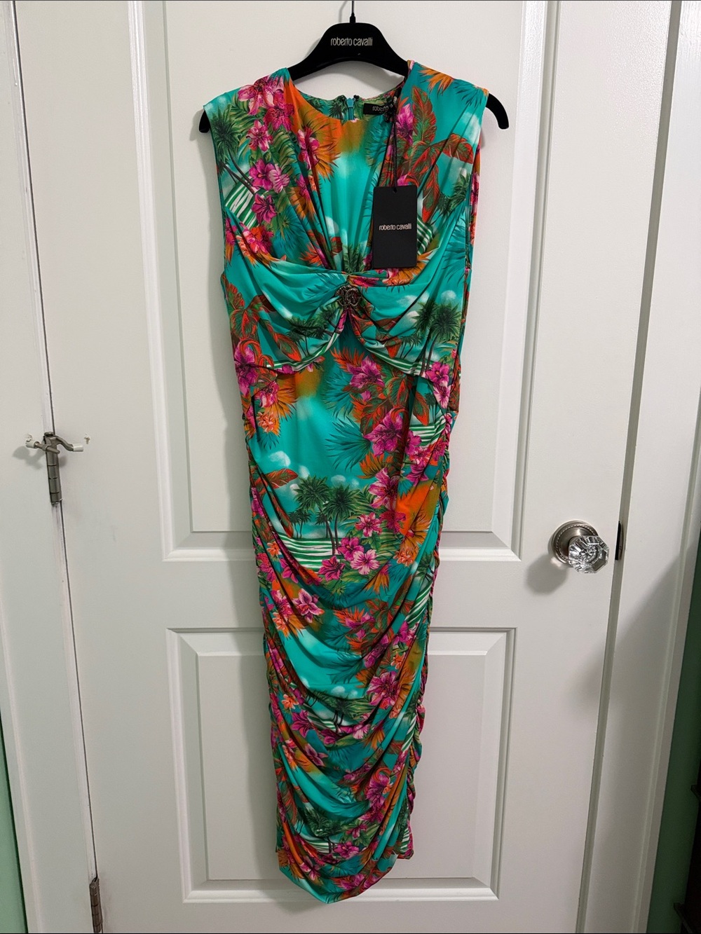 Roberto Cavalli Turquoise Floral Tropical Ruched Maxi Dress